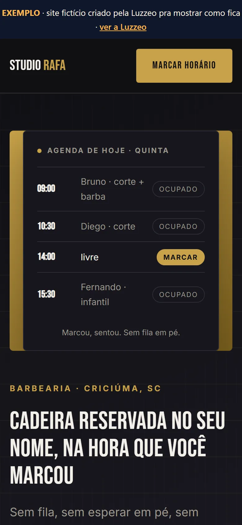 Exemplo ilustrativo: agenda da barbearia Studio Rafa no celular