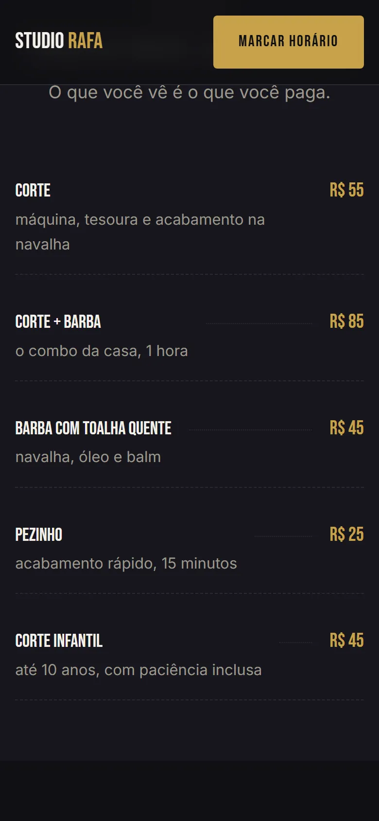 Exemplo ilustrativo: tabela de preços da barbearia Studio Rafa no celular