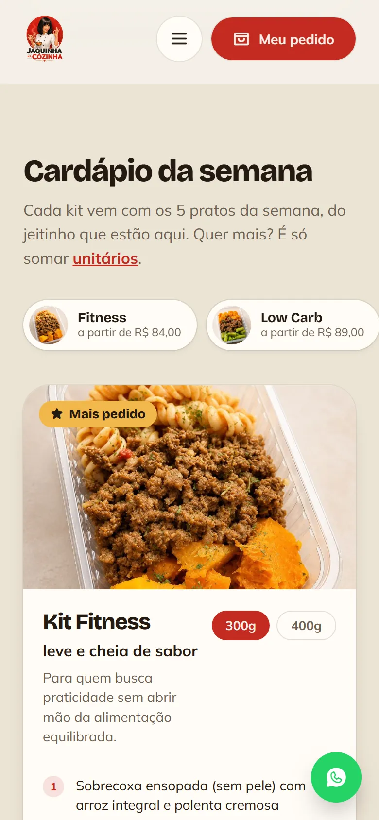 Cardápio da semana da Jaquinha na Cozinha no celular