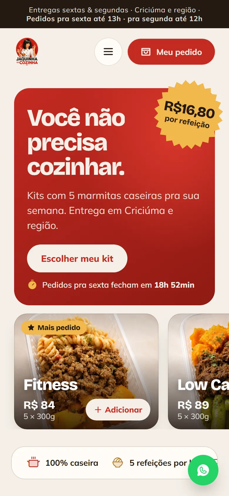 Site da Jaquinha na Cozinha no celular, página inicial